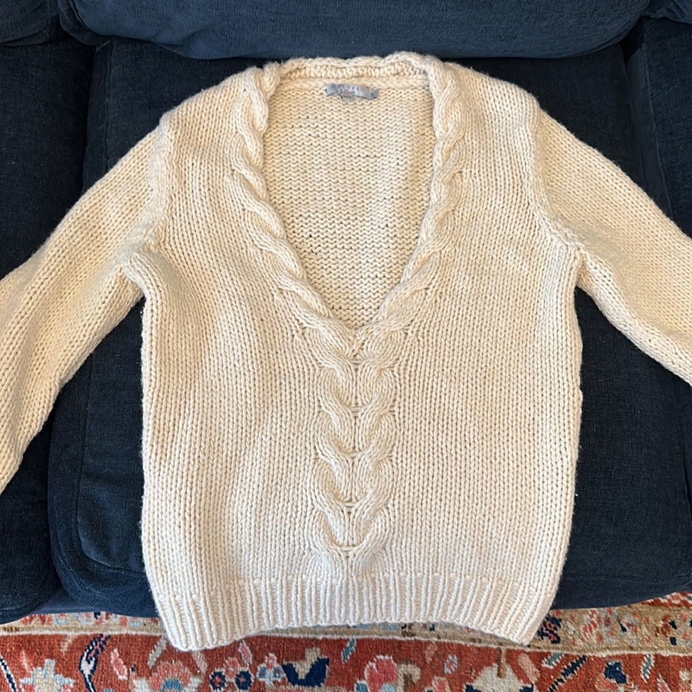 Calypso St. Barth Wool/Cashmere Cream Cable Knit V Neck Quarter Sleeve Sweater S